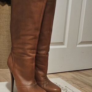 YSL Tribute Napa 105 Cognac Brown Platform Leather Boots
